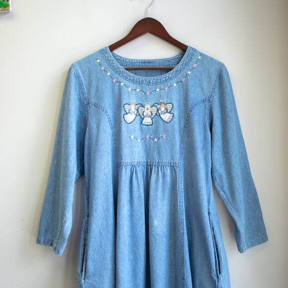Vintage Embroidered Angel Maxi Denim Dress Size Large - Picture 2 of 6